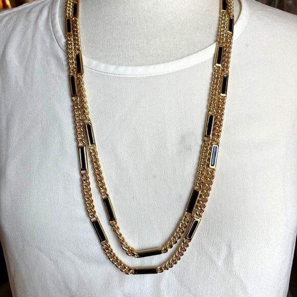 Unbranded Jewelry - Two Vintage Thick Gold Tone Chain Necklaces Black Rectangular Bars Mod Chunky